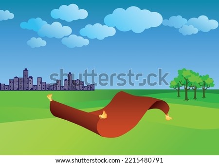 Flying carpet, andscape illustration, metropolitan and trees, vector illustration