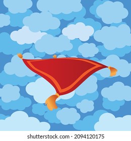 alfombra volante y nubes azules, ilustración vectorial