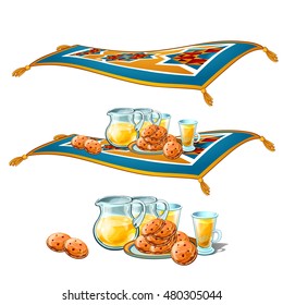 Flying carpet with food and drinks. Vector illustration.