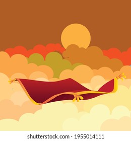 Flying carpet and orange clouds, vector illustration