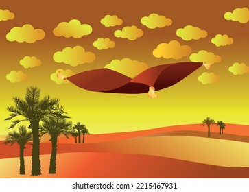 Flying Carpet, Orange Sky, Desert And Date Palms