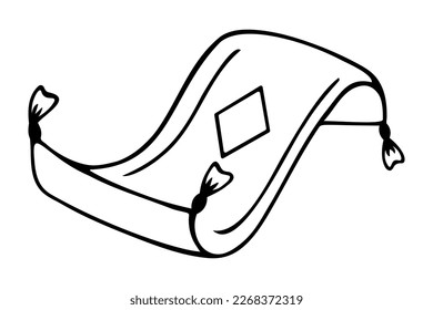 Flying carpet. Sketch. The floor covering is decorated with a rhombus. Wobble floor mat with tassels at the ends. Rug in doodle style. Vector illustration. Coloring book.Outline on isolated background