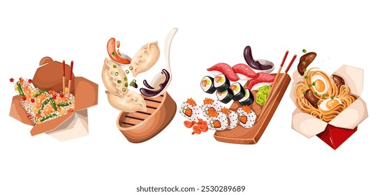 Flying cartoon Asian food set. Falling fried noodles and rice with meat, salmon and egg, Japanese sushi and rolls, Chinese Dim sum dumplings. Portions of Asian cartoon meals vector illustration