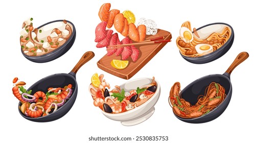 Flying cartoon Asian food set. Falling salmon and tuna sashimi on wooden board, Tom Yam Kung bowl, wok of hot noodles and fried shrimp. Asian restaurant menu cartoon collection vector illustration