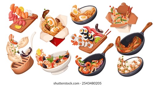 Flying cartoon Asian food set. Falling bowls with hot noodles and soup, wok of mussel and shrimp stir fry, sushi and rolls, cartoon takeaway boxes. Asian cuisine dishes collection vector illustration