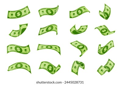 Flying cartoon banknotes, dollar cash money bills, falling and swirling green banknotes of usd currency. Vector money rain and banknote shower, business success, lottery and casino game prize concept