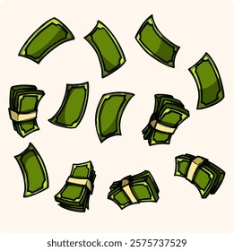 Flying cartoon banknotes, dollar cash money bills, falling and swirling green banknotes of usd currency with doodle style drawing