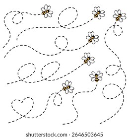 Flying Cartoon Bees on Dotted Paths - Adorable Vector Icons with Swirling Trails Isolated on White Background