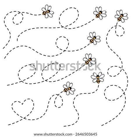 Flying Cartoon Bees on Dotted Paths - Adorable Vector Icons with Swirling Trails Isolated on White Background