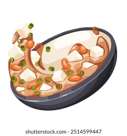 Flying cartoon bowl of tofu cubes with spicy sauce and beans. Spicy gravy, vegetable and tofu falling on plate. Vegan Asian food mascot, cartoon gourmet curry with paneer vector illustration