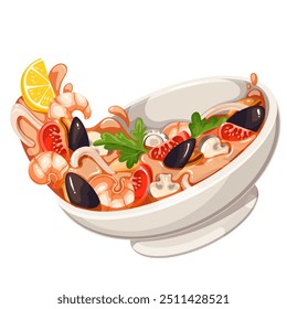 Flying cartoon bowl of Tom Yam with shrimp. Ingredients of seafood spicy hot soup falling into white cup, Thai cuisine dish. Asian food mascot, cartoon plate of Tom Yam Kung vector illustration