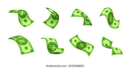 Flying cartoon cash banknotes or floating dollar money bills, vector paper currency. Falling or flying green banknotes with dollar sign for finance payment, business success or investment and banking