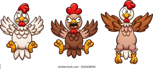 Flying cartoon chickens with separate wings. Vector clip art illustration with simple gradients. Some elements on separate layers. 
