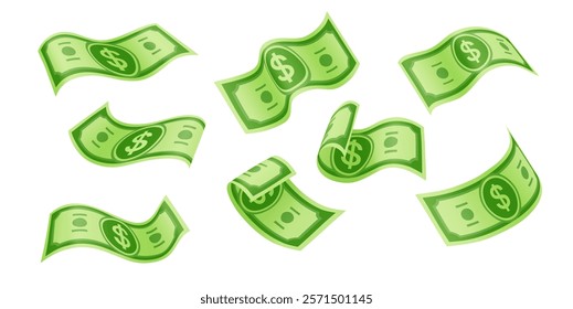 Flying cartoon dollar banknotes or money cash bills of paper currency, vector icons. Floating green banknotes with dollar sign for casino jackpot win bonus, money rich wealth and financial success