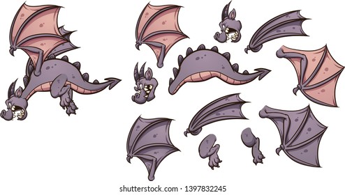 Flying cartoon dragon with different parts ready for animation clip art. Vector illustration with simple gradients. Some elements on separate layers.  
