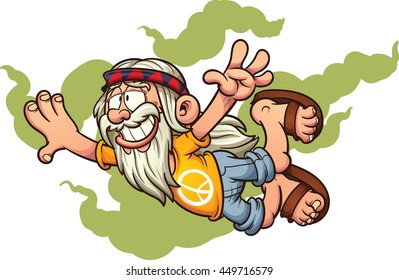 Flying cartoon hippie. Vector clip art illustration with simple gradients. Hippie and smoke on separate layers.