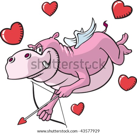 A flying cartoon Hippopotamus playing Cupid.