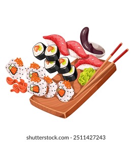 Voando desenho animado japonês sushi e rolos parte. Queda de futomaki e uramaki, wasabi, copo de molho de soja em tábua de madeira. Mascote de comida asiática, desenho animado gourmet voando frutos do mar lanche vetor ilustração