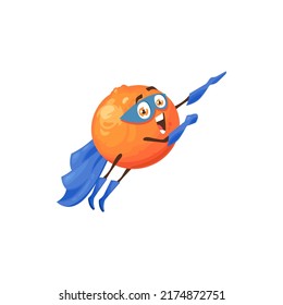 Flying Cartoon Orange Fruit, Superhero Character, Vector Food. Orange Fruit In Super Hero Blue Costume And Mask Flying With Energy Power, Organic Natural Food And Vitamins Superpower