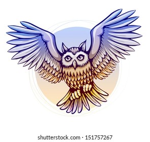 flying cartoon owl bird with color wings - eps10 vector illustration