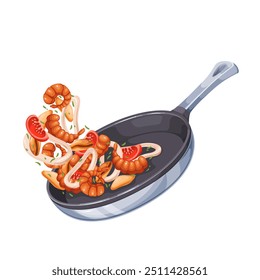 Flying cartoon pan with fried shrimps, mussels and squid rings. Tossing healthy ingredients for frying in cast iron skillet. Cooking mascot, cartoon gourmet seafood stir fry pan vector illustration