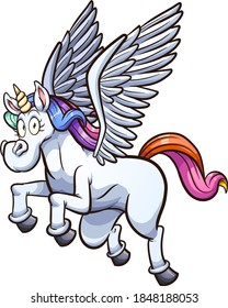 Flying cartoon Pegasus unicorn. Vector clip art illustration with simple gradients. Some elements on separate layers. 
