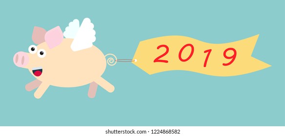 flying cartoon pig with wings pulls the banner of gold in color as a symbol of the year 2019