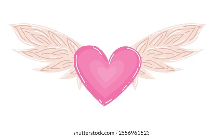 Flying cartoon pink heart in flat style. Happy Valentine's Day symbol of love. Heart with Angel wings. 