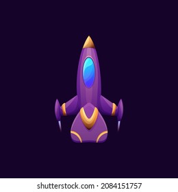 Flying cartoon rocket isolated cute rocketship in purple and yellow colors. Vector space starship, comic booster, kids toy, shuttle. Futuristic spaceship with astronauts, cosmic spacecraft explorer