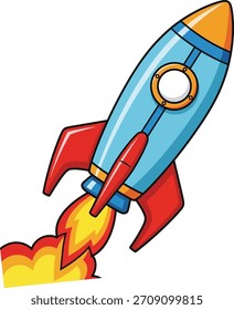 Ilustración vectorial de barco cohete de dibujos animados voladores
