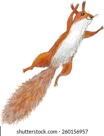 Flying cartoon squirrel. Watercolor hand drawn vector