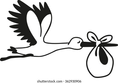 Flying cartoon stork with baby