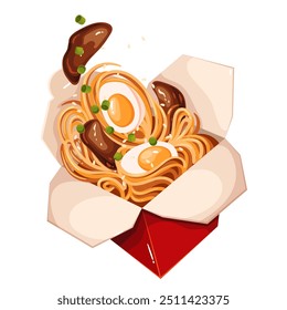 Caja de fideos asiática para llevar de dibujos animados voladores. Caída de fideos calientes, carne y medio huevo en un recipiente de cartón abierto para llevar. Comida china, mascota de entrega, Ilustración vectorial de comida rápida oriental de dibujos animados