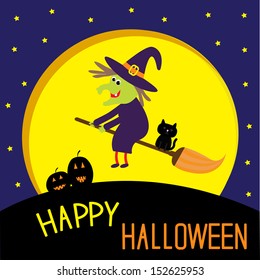 Flying cartoon witch and cat. Big moon. Happy Halloween card. Vector illustration.