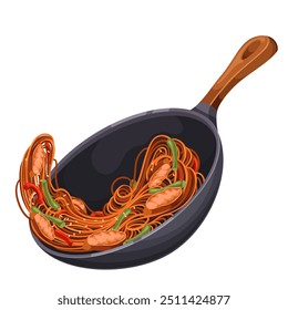 Wok de dibujos animados volador con fideos de pollo fritos. Sartén de hierro fundido con mango que arroja fideos, verduras y trozos de carne. Cocinar mascota de comida asiática, Ilustración vectorial de fideos de sartén de dibujos animados