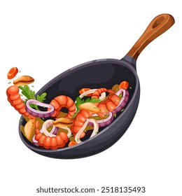 Wok de dibujos animados volador con mejillón y camarones salteados. Mariscos, aros de cebolla cayendo sobre una sartén de hierro fundido para cocinar un delicioso plato. Mascota de comida asiática, Ilustración vectorial de receta de camarones fritos de dibujos animados