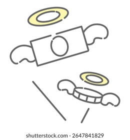 Flying cash and coin icon with angel wings and halos