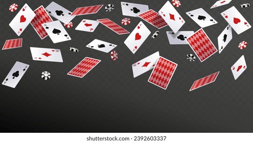 Flying casino cards and chips. Game cards with aces. Crosses, diamonds, hearts and spades. Gambling, casino and poker. Cartoon isometric vector illustration isolated on transparent background