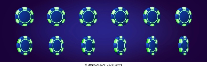 Flying casino chips for poker game or roulette. Icons of gambling coins. Animation set of casino plastic tokens rotation, vector realistic illustration isolated on background