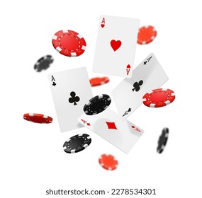 Flying casino poker cards and chips. Realistic 3d vector gambling game, jack pot, falling aces, red and black round pieces. Big win online casino bets, internet gamble or vegas club playing recreation