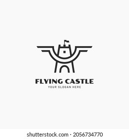 Flying Castle logo design. Combination logo design of castle tower or fort fortress with wings