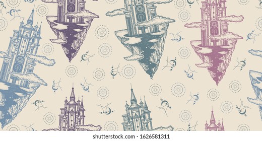 Flying castle on the mountain. Seamless pattern. Packing old paper, scrapbooking style. Vintage background. Medieval manuscript, engraving art. Symbol of the fairy tale, dream, magic