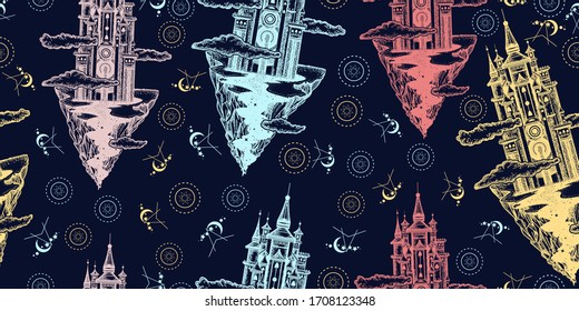 Fliegendes Schloss auf dem Berg.Nahtloses Muster. Verpacken von Altpapier, Scrapbooking-Stil.Vintage-Hintergrund. Mittelalterliches Manuskript, Gravierungskunst. Symbol der Märchen, des Traums, der Magie