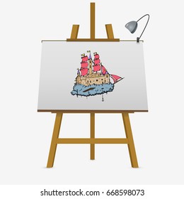 Flying castle ship. Colorful Hand drawn vector stock illustration