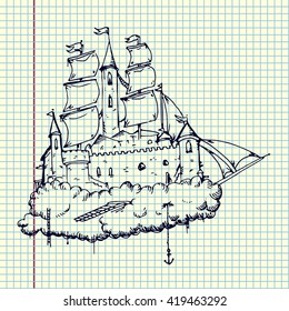 Flying castle ship. Fairy concept. Hand drawn vector stock illustration