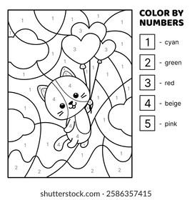 Flying cat. Black and white. Color by number. Coloring page.  Game for kids. Isolated vector illustration eps 10
