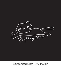 flying cat hand drawn on black
