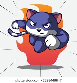 Flying cat punching style cartoon flat and simple vector illustration