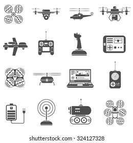 Flying and caterpillar drones black white icons set with radio control flat isolated vector illustration 