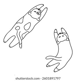 Flying cats| Minimalist line vector art | A charming black-and-white line drawing of two floating cats in a playful weightless pose.